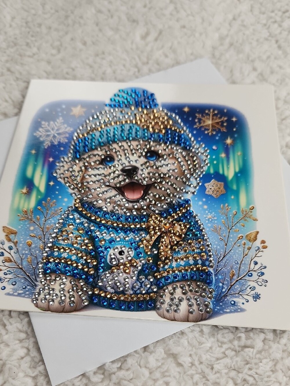 Sparkling Diamond Painting Art Winter Puppy Greeting Card - Blue & Silver